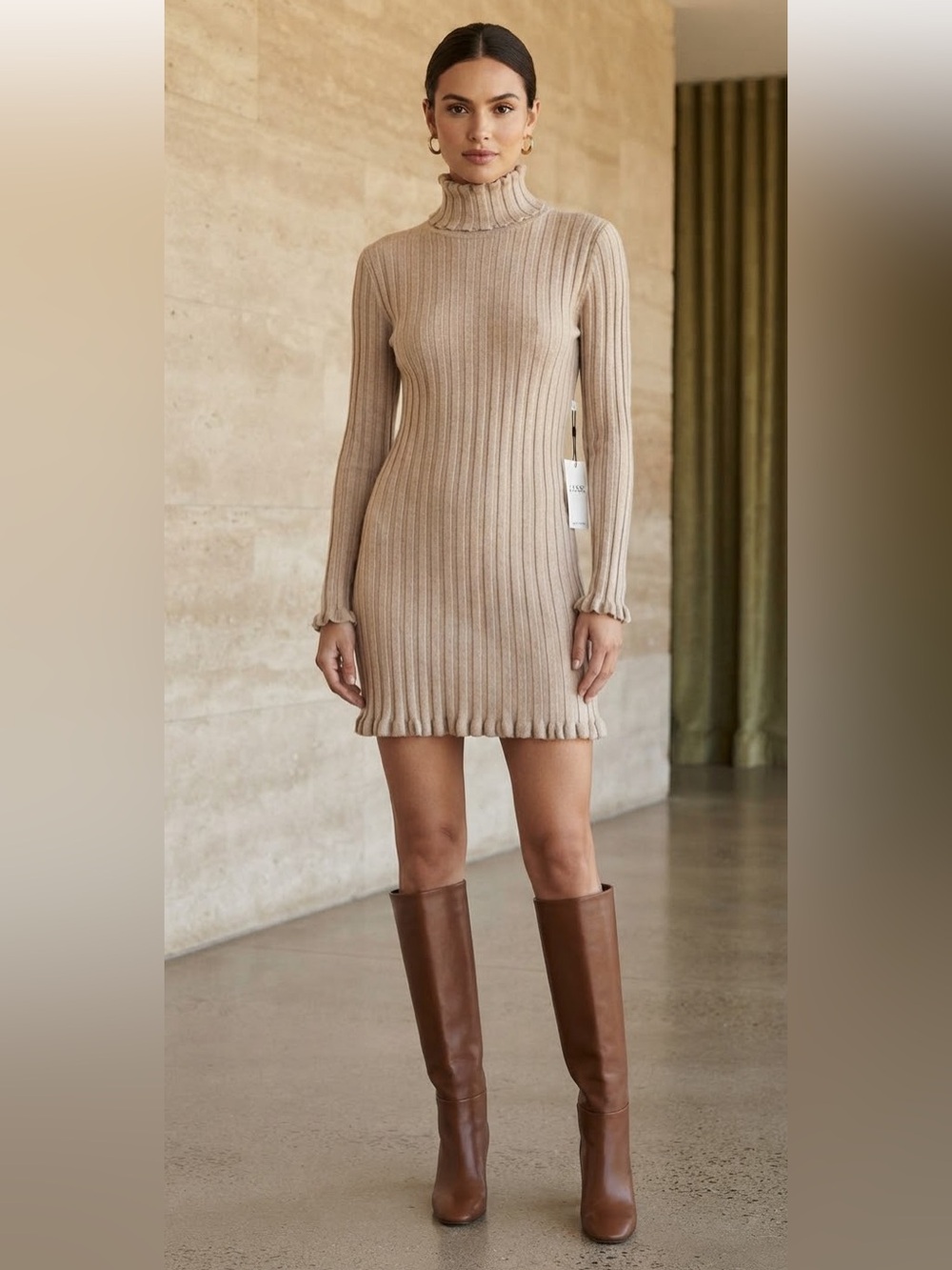 Tan Long Sleeve Rib Turtleneck Sweater Minidress by CeCe • Size Medium • NWT